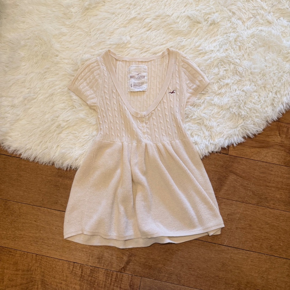 Hollister Vintage Cream Cable Knit Babydoll Top Women Small Coquette Y2K Vibe
